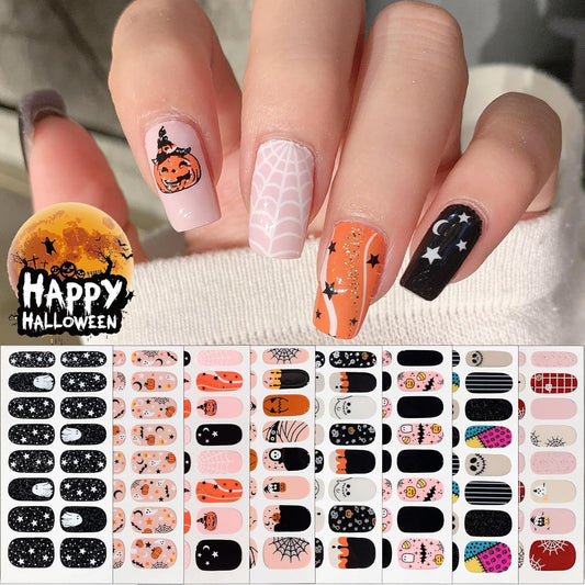 8 Sheets Halloween Nail Wraps Full Stickers Nail Polish Strips, DIY Self-Adhesive Nail Art Decals Pumpkin Bat Ghost Spider Web Skull Pattern with 1 Piece Nail Files for Party Decor (128 Pieces)