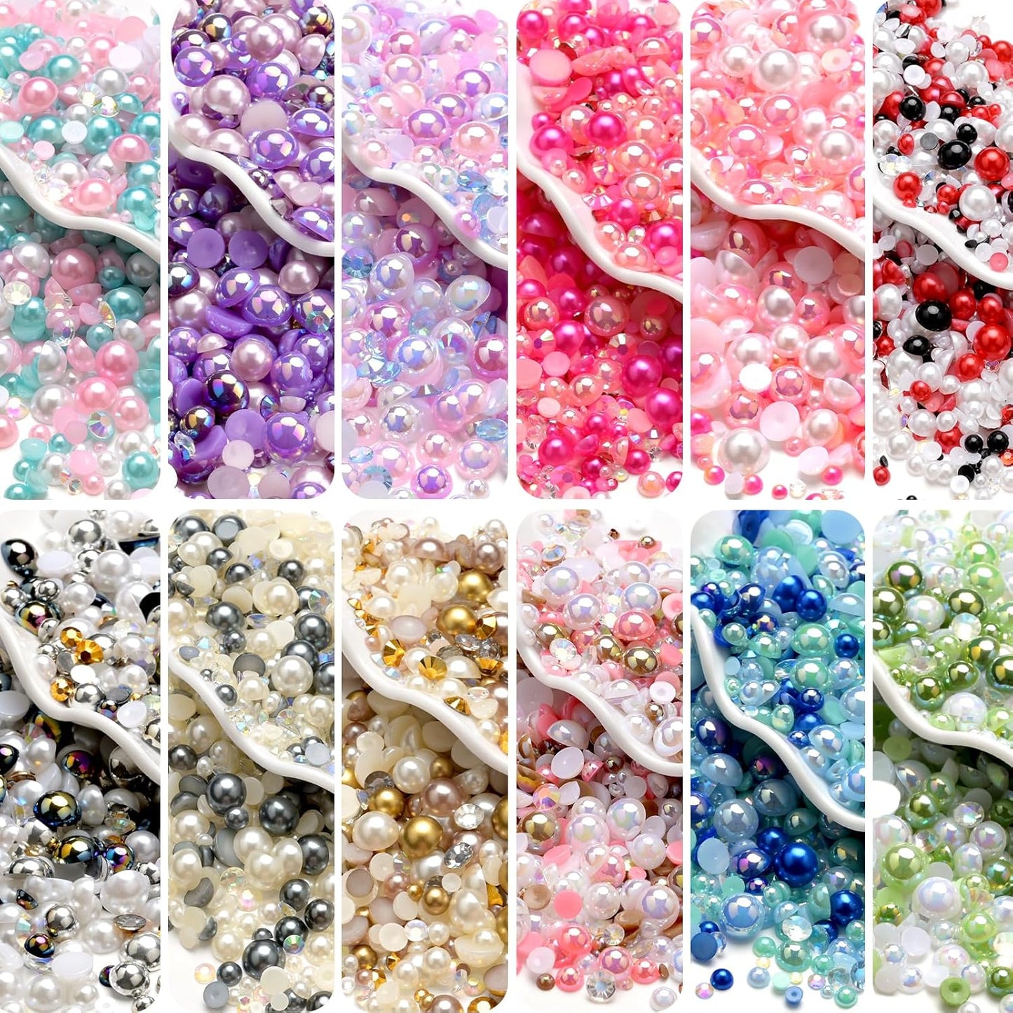 80g Mix Flatback Pearls and Rhinestones for Crafts Pink Blue White Mixed Size 2mm-10mm Half Round Pearls Rhinestones for Nail Art Tumblers Shoes DIY Bedazzling with Tweezers Wax Pen