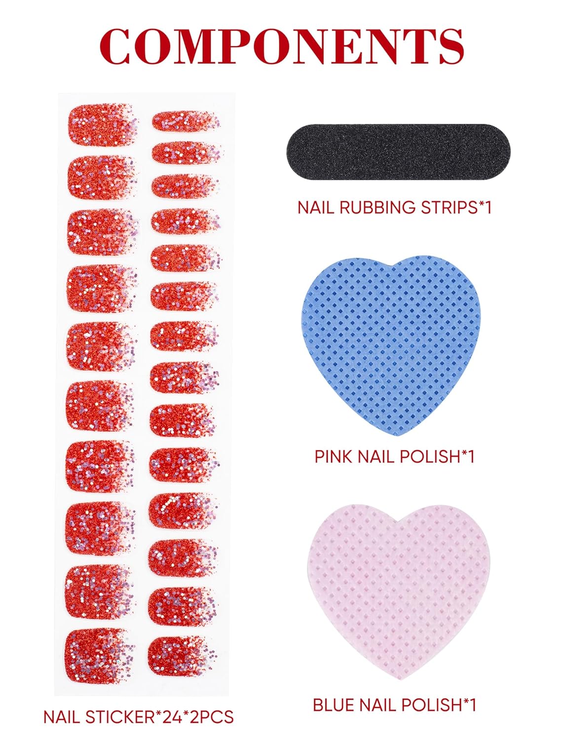48 Pcs Semi Cured Gel Finger Nail Art Stickers Design Wraps No UV Light Needed Nail Polish Strips Kit for Women with Nail Files and 2 Nail Wiping Blocks (Red)(Red)