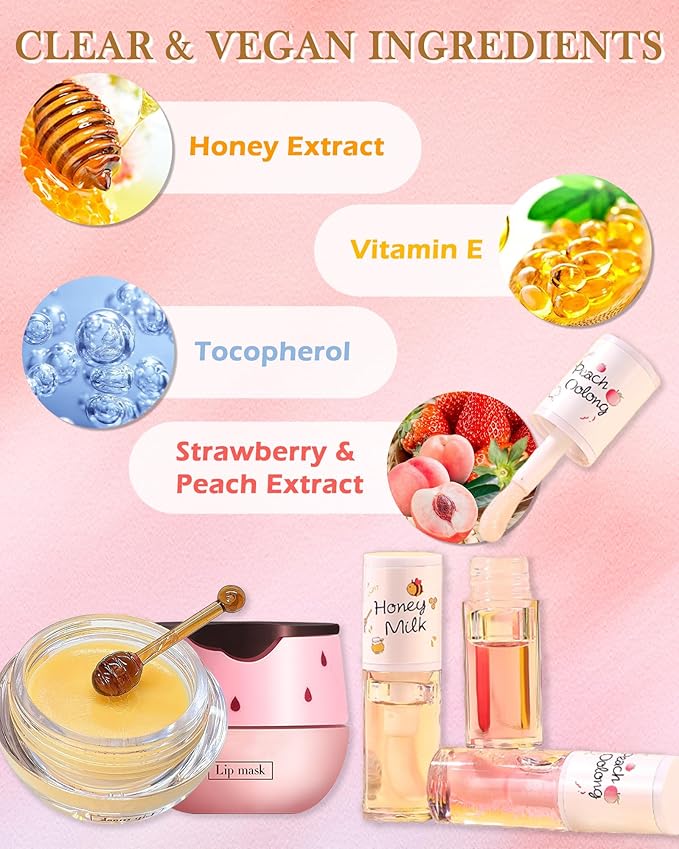 2Pcs Apple Lime Lip Bee Balm Honey Pot Lip Mask & Lip Glowy Oil Lip Gloss Care Set, Propolis Moisturizing & Nourish Lip Gloss Repair, Plump Dry Cracked Lip Scrub Exfoliator bálsamo para labios -Set D