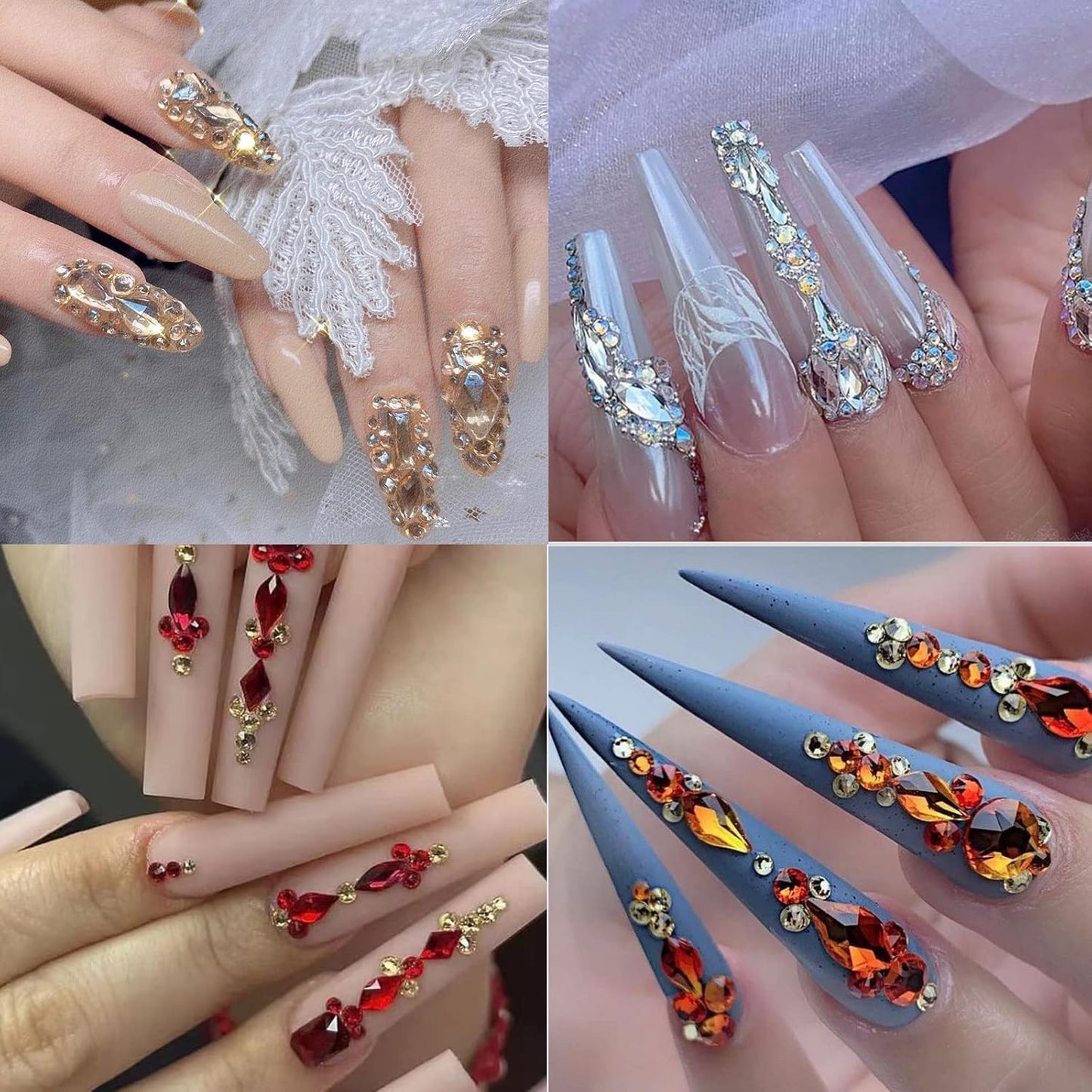 3320Pcs White Nail Art Rhinestones Crystal,HOINCO 3D Rhinestones Gems Jewels Diamond,24 Types of 320 Diamonds + 3000 Round Beads, Crystals 3D Flat Back Gemstones for Nail DIY Crafts with Tweezers Pen