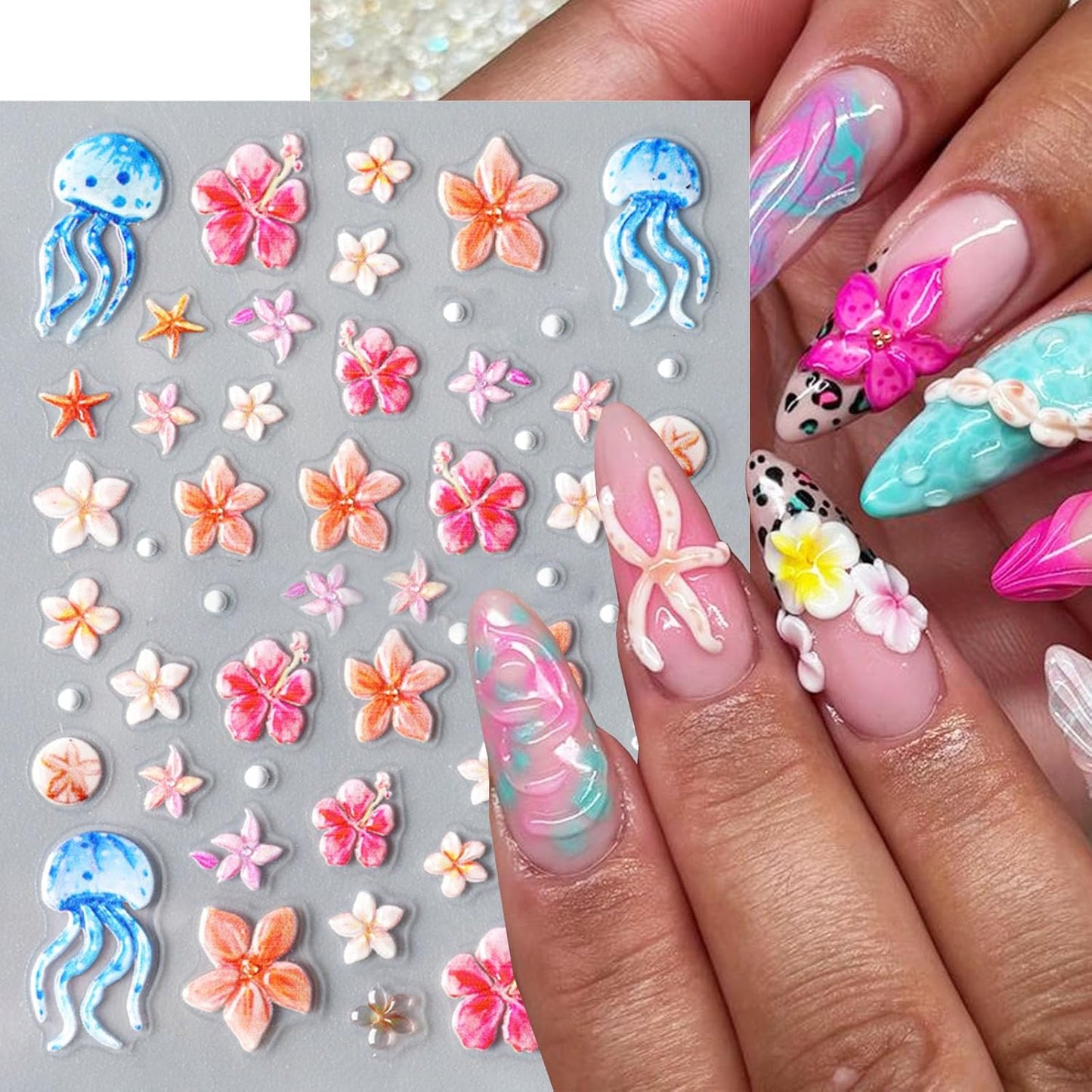 Summer Nail Art Stickers Decals Starfish Jellyfish Flower Nail Stickers Self Adhesive Nail Design 5D Embossed Nail Decals Ocean Theme Summer Manicure Sliders Accessories for Women DIY Nails Decoration