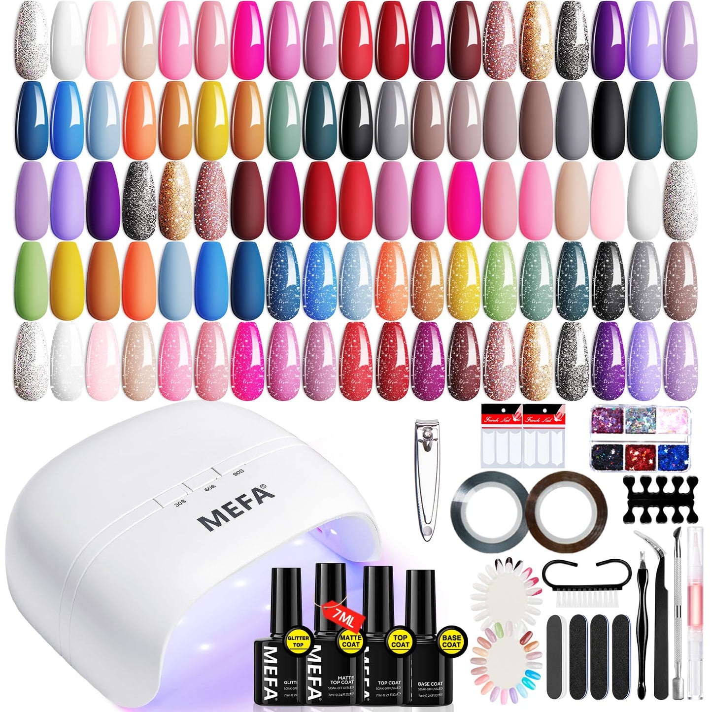 MEFA Gel Nail Polish Kit with U V Light, 32 Colors All Seasons Soak Off 60 Pcs Gel Polish Nail Set with Matte/Glossy Glitter Base Top Coat Manicure Tools Nails DIY Decorations Gifts for Women