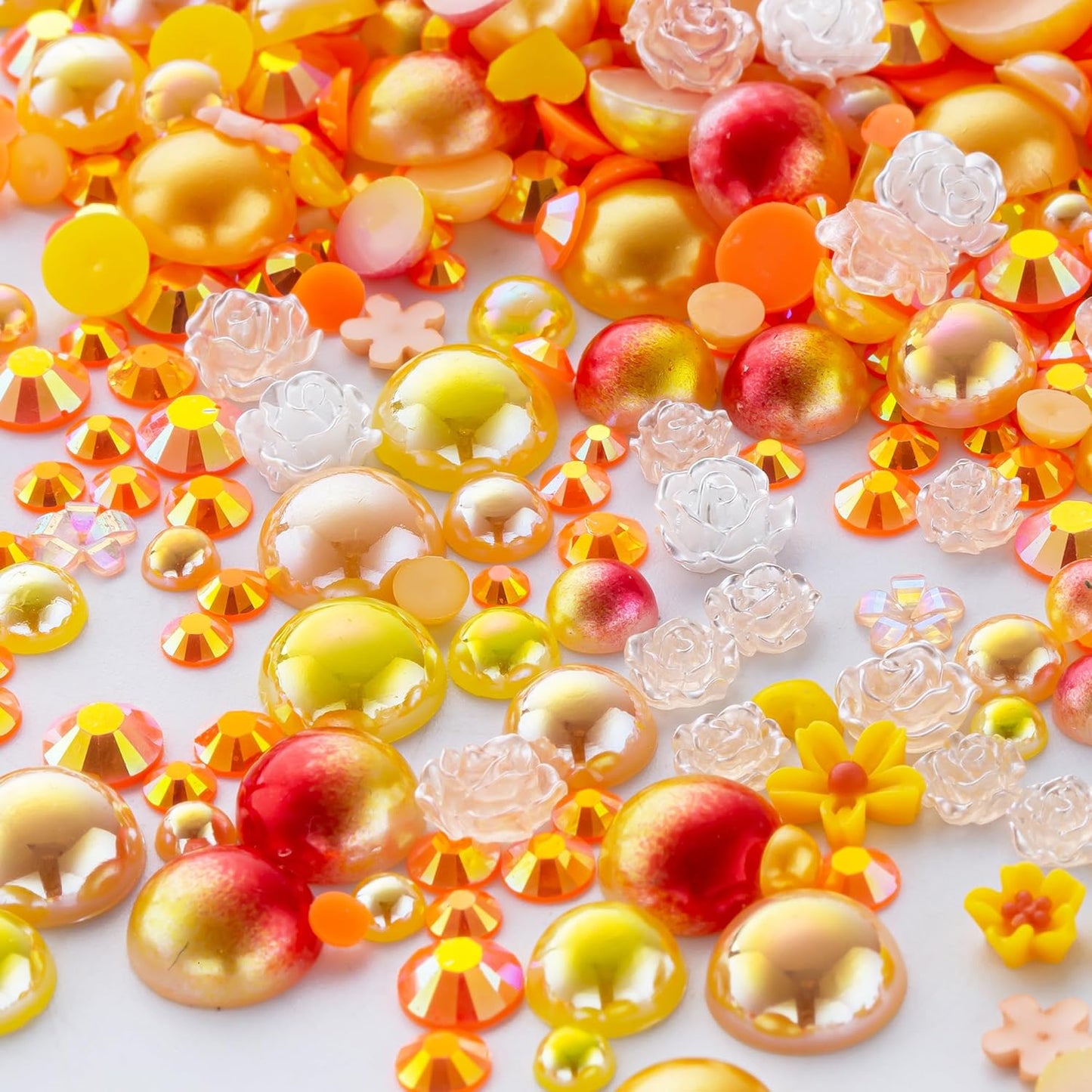 Sun Magic 160g Orange Flat Back Pearls Rhinestones for Crafts Mixed Size 3mm-10mm AB Color Round Half Pearls Flatback Pearl Beads and Resin Rhinestones Set for Face Art