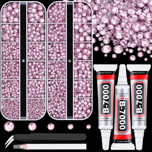 Resin Rhinestones for Crafting with B7000 Jewelry Glue, 2 Boxes Light Pink Flatback Crystals with 3Pcs 10ml Glue for Bedazzling Crafts DIY Nail Art Makeup, Gems for Clothing Shoes