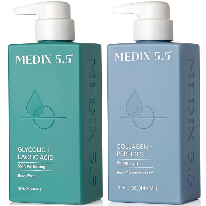 Medix 5.5 Exfoliating AHA Glycolic Acid Face & Body Scrub Cleanser + Collagen Moisturizing Body Cream Lotion Skin Care 2PC Set | Alpha Hydroxy Acid & Lactic Acid Foaming Body Wash & Face Wash, 2-PC