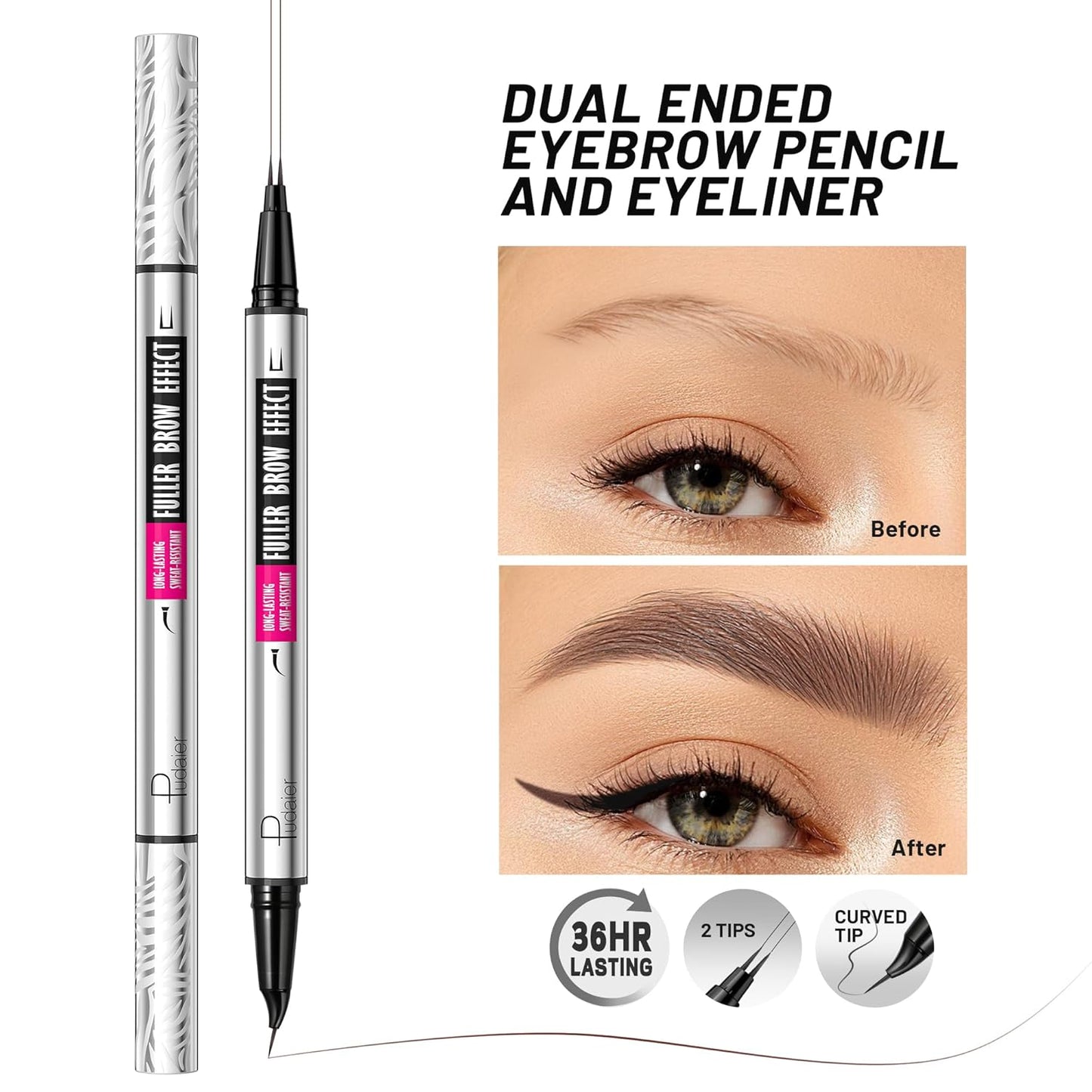 2 Pack 2 Fine Tip Eyebrow Pen, Waterproof Filling Faux Brow Makeup Pencils for Women with Precise Curved Brush-Tip to Fast Create Natural Hair-Like Brows, Last All-Day (Cool Brown)