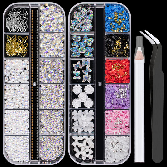 Mixed 3D Nail Art Gem Decoration Accessories Kit #11, Aurora Bear Bow Butterfly Starry AB Rhinestone Charm Jewelry for Deco, Pearl Flower Caviar Bead Stone Crystal with Pickup Pencil and Tweezer