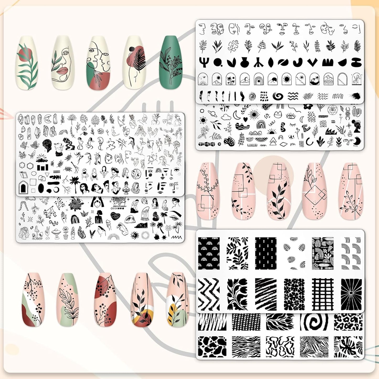 Whaline 6Pcs Abstract Lady Face Nail Plates Stamping Set Boho Plant Stamp Templates Nail Art Plates for DIY Print Manicure Salon Design Gift Supplies