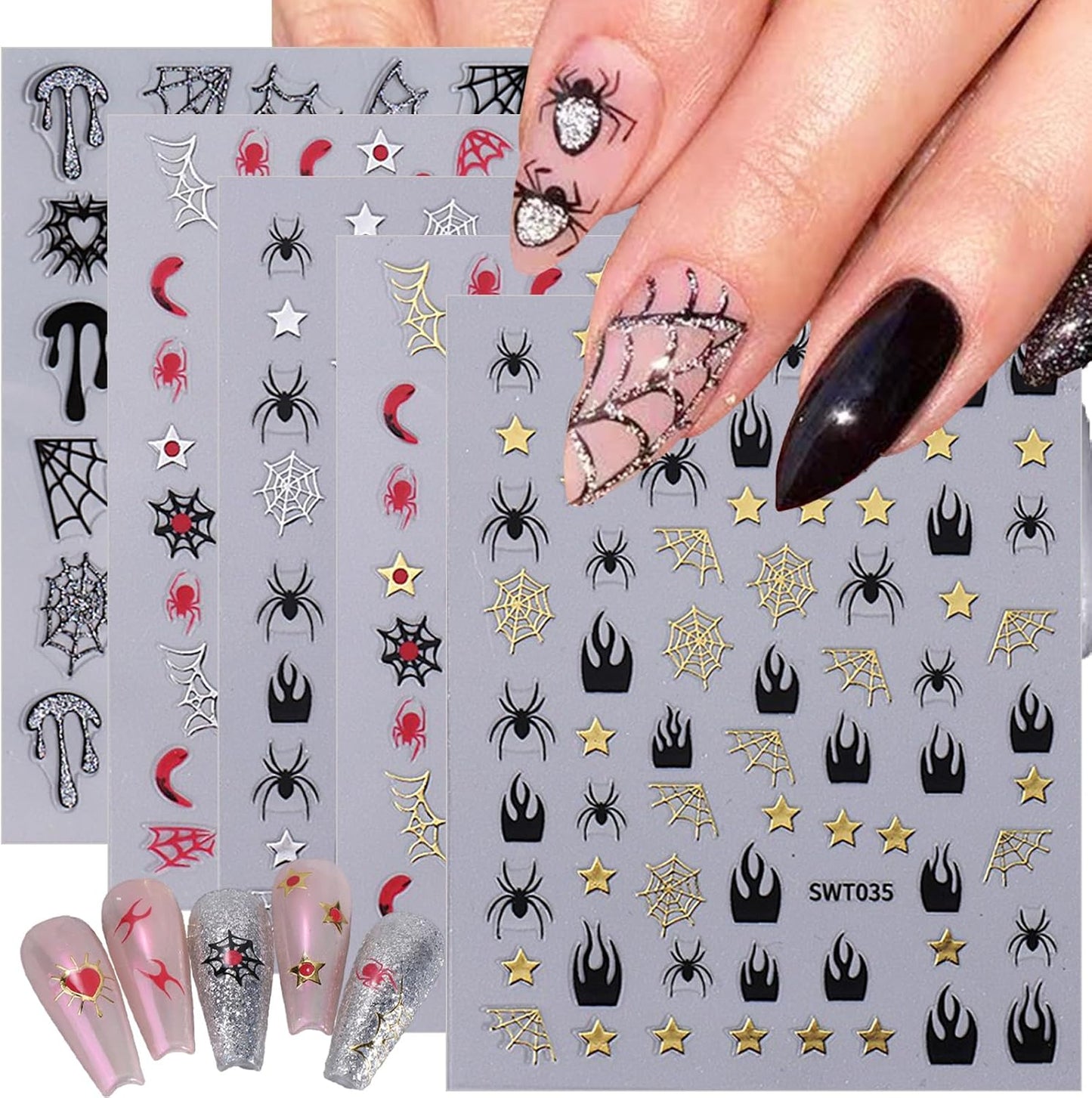 Halloween Nail Art Stickers Decals 10 Sheets 3D Self Adhesive Embossed Stickers Cartoon Spider Web Star Drop of The Blood Nail Art Design DIY Manicure Decoration for Women Kid Girls