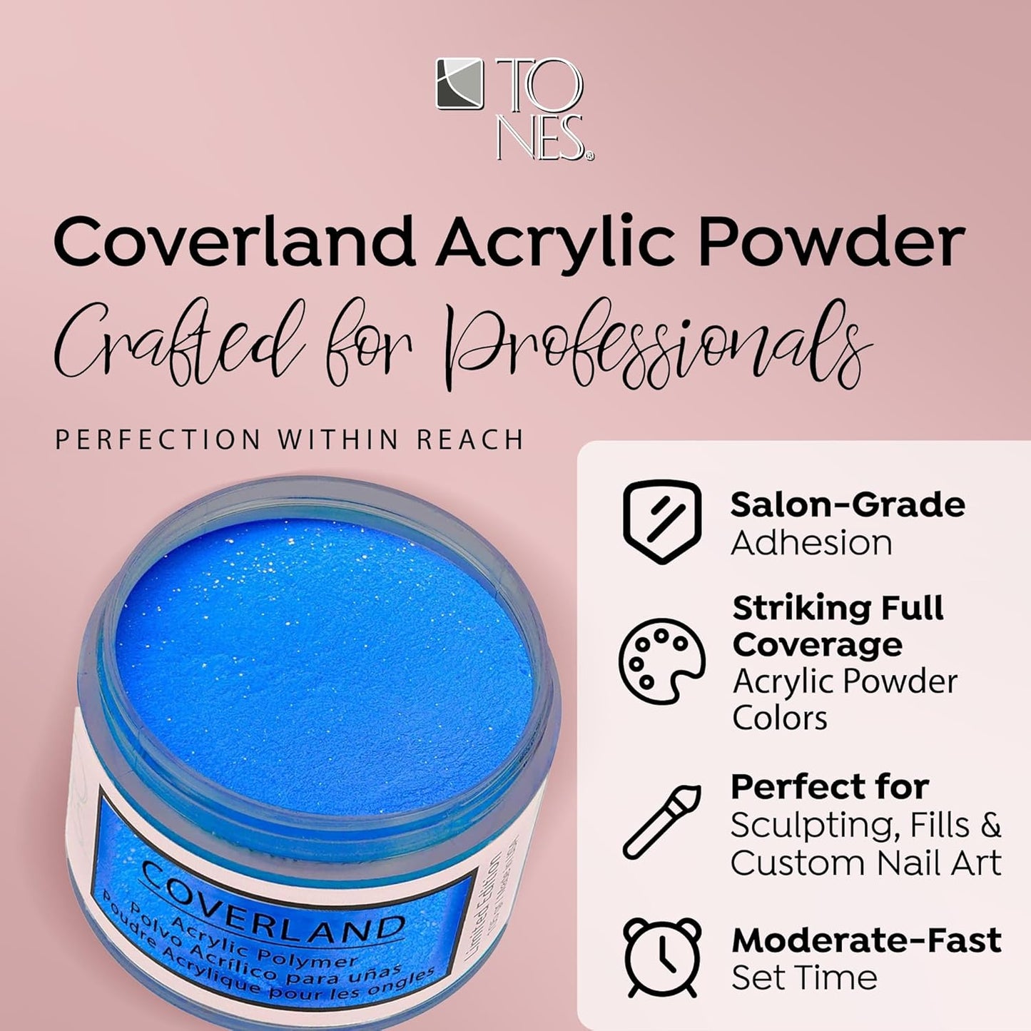 Tones Coverland Acrylic Nail Powder "Blue Splash" - Limited Edition Acrylic Powder for Nail Design, Sculpting, and Masking Nail Bed Imperfections - Professional Acrylic Nail Supplies - (1.5 Oz)