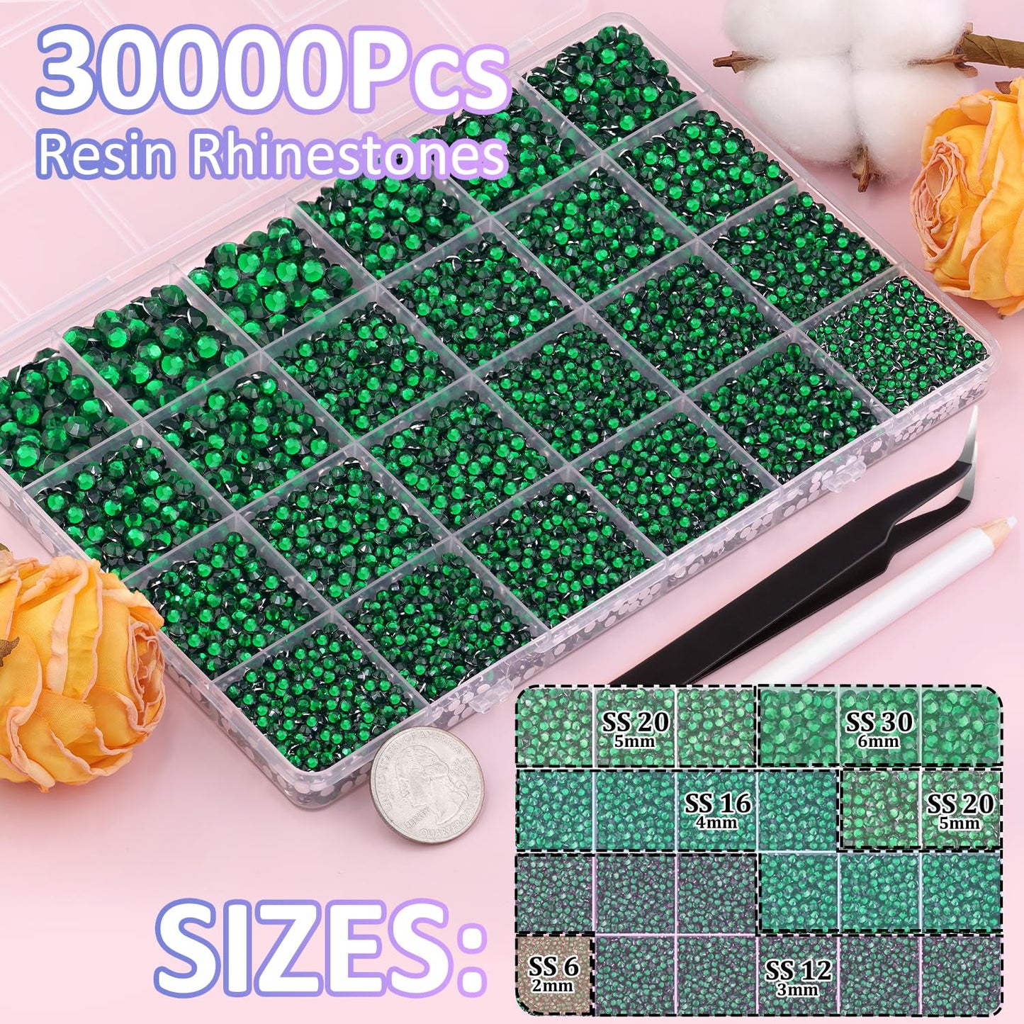 30000Pcs Emerald Green Rhinestones for Bedazzling with B7000 Jewelry Glue, Bedazzler Kit Flatback Gems, Resin Rhinestones for Crafting Crafts Clothing Shoes Fabric Nail Art Assorted Size 2/3/4/5/6mm