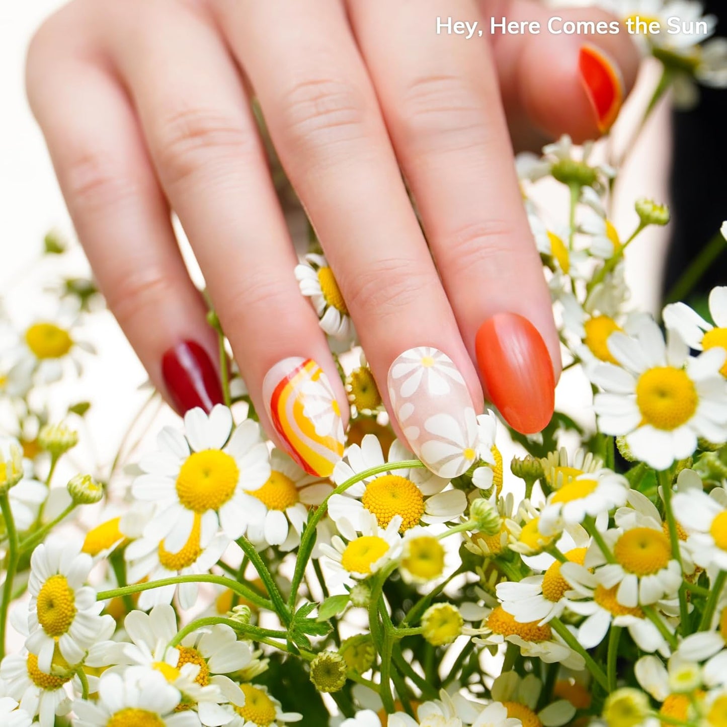 Semi Cured Gel Nail Strips | No LED Lamp Needed | Summer, Floral, Red | Easy Apply & Remove, Salon Quality | Includes 28 Strips, 1 Prep Pads, Nail File & Wooden Stick - Hey, Here Comes The Sun