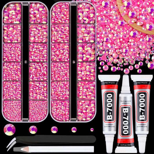Resin Jelly Rhinestones for Crafting with B7000 Jewelry Glue, 2 Boxes Hot Pink AB Flatback Crystals with 3Pcs 10ml Glue, Bedazzling Non Hotfix Gems for DIY Tumblers Clothing Shoes Manicure