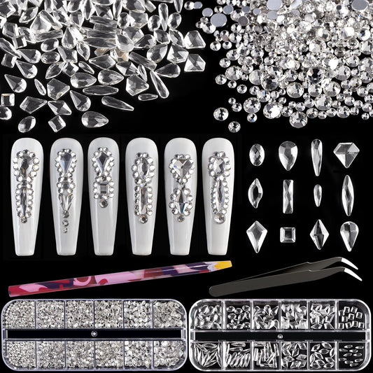 Multi Shapes Transparent White 3D Glass Crystal Nail Art Rhinestones Kit with Flatback Round Bead Charm Gem Stone Jewelry Diamond with Pickup Pen + Tweezer for Manicure Makeup DIY Craft Decoration