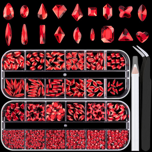 18 Styles Multi-Shaped Glass Gemstones for Nails and 6 Sizes Round Crystal Rhinestones Kit #3, Red Nail Art Charm Bead Manicure Decoration with Pickup Pencil and Tweezer