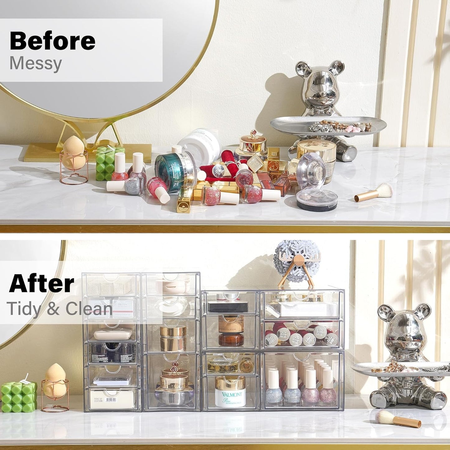 Prsildan Acrylic Drawer Organizer with 17 Drawers, Craft Office Desk Makeup Organizers Accessories, Set of 4 Clear Stackable Storage Drawers for Vanity, Countertop, Jewelry, Art Supply Organization