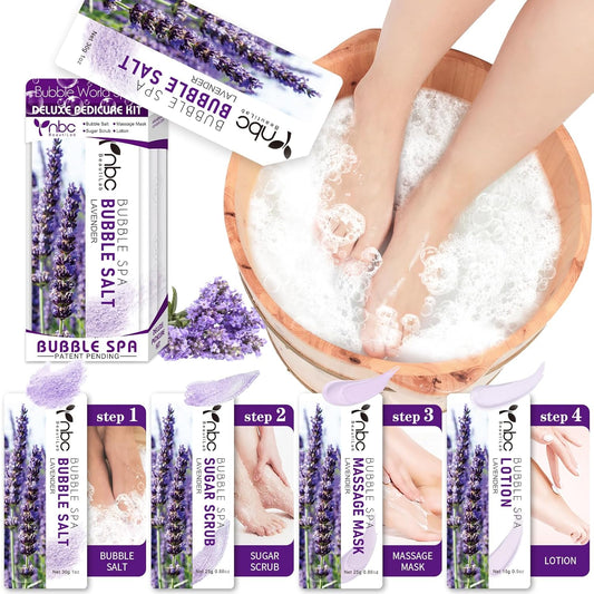 Pedicure Kit Foot Soak Set: Bubble Salt, Sugar Scrub, Massage Mask, Massage Lotion in a Box, 4 Step Foot Spa Kit for Dry Feet,Tired Feet（1 Set Lavender)