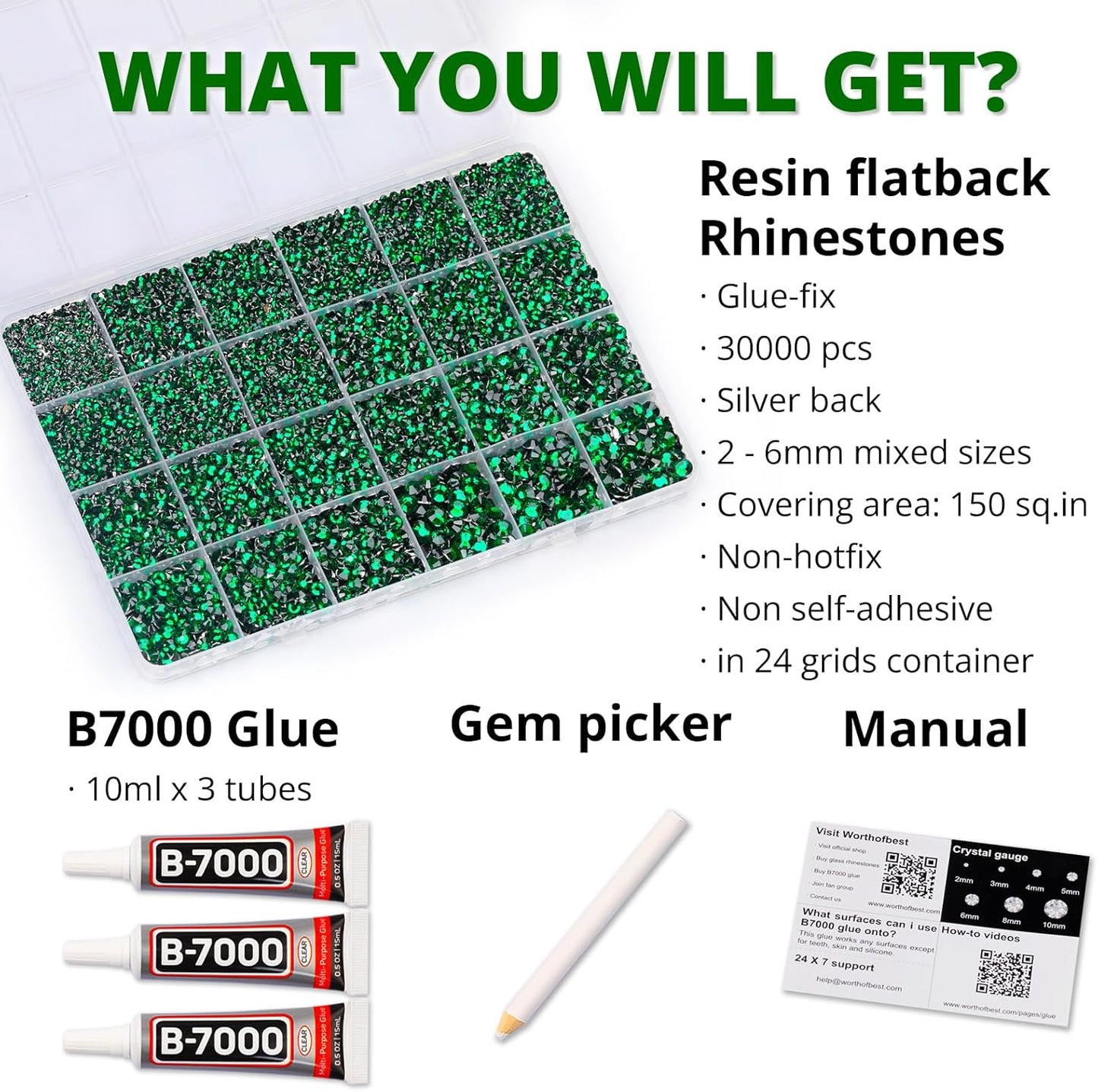 30000Pcs Resin Rhinestones for Crafting Bedazzling, Green Flatback Gems Crystal for Crafts Clothing Shoes Fabric Tumbler Cups, Flat Back Dark Emerald Green Jewels Bulk with b7000 Glue