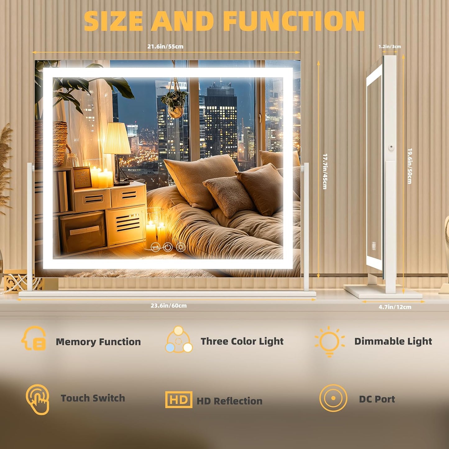 Vanity Mirror with Lights, 24'' x 20'' Lighted Makeup Mirror, Touch Screen with 3-Color Lighting, Dimmable for Vanity Desk Tabletop Square White