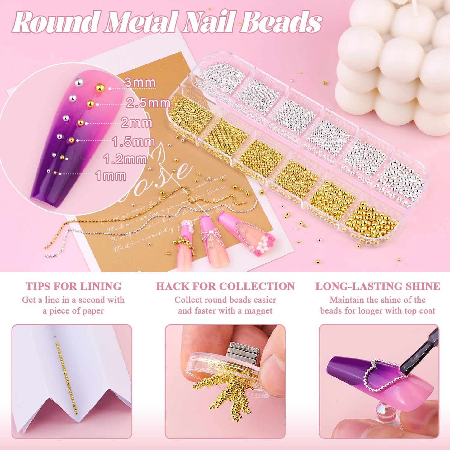 1-3MM Mini Small Nail Beads Metal Caviar Bead Silver Gold Nail Charms and Gems Ball, Nail Chain for Nail Art Accessories Supplies Gold Rhinestones for Women Manicure