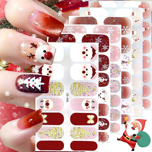6 Sheets Christmas Nail Wraps Stickers 3D White Snowflake Nail Polish Strips Self-Adhesive Winter Holiday Full Wraps with Xmas Trees Santa Reindeer Gel Nail Stickers for Women Girls Acrylic Nails DIY