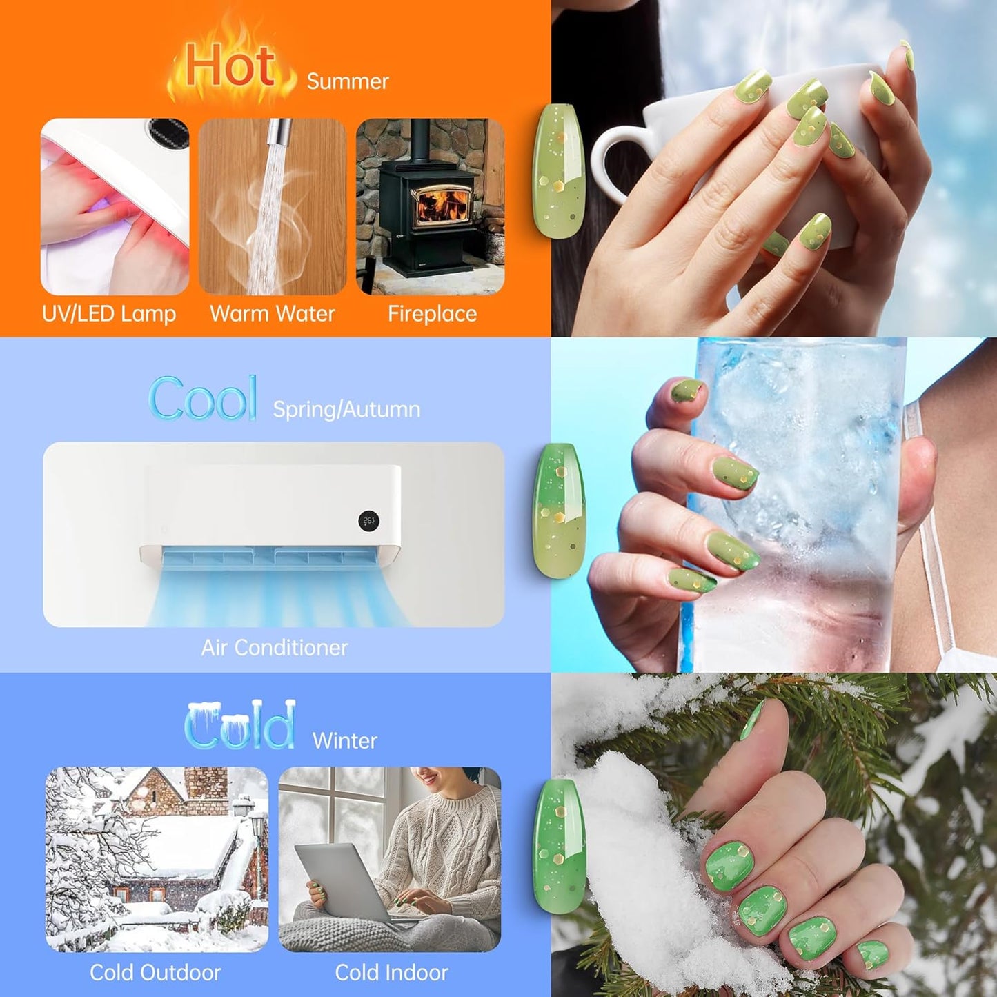 YTD Likomey Color Changing Gel Nail Polish,15ml Grass Green To Bright Green Shimmer Glitter Mood Temperature UV Gel,Fall Winter Yellow Thermal Ombre UV Color Nail Varnish,HEMA Free WB432