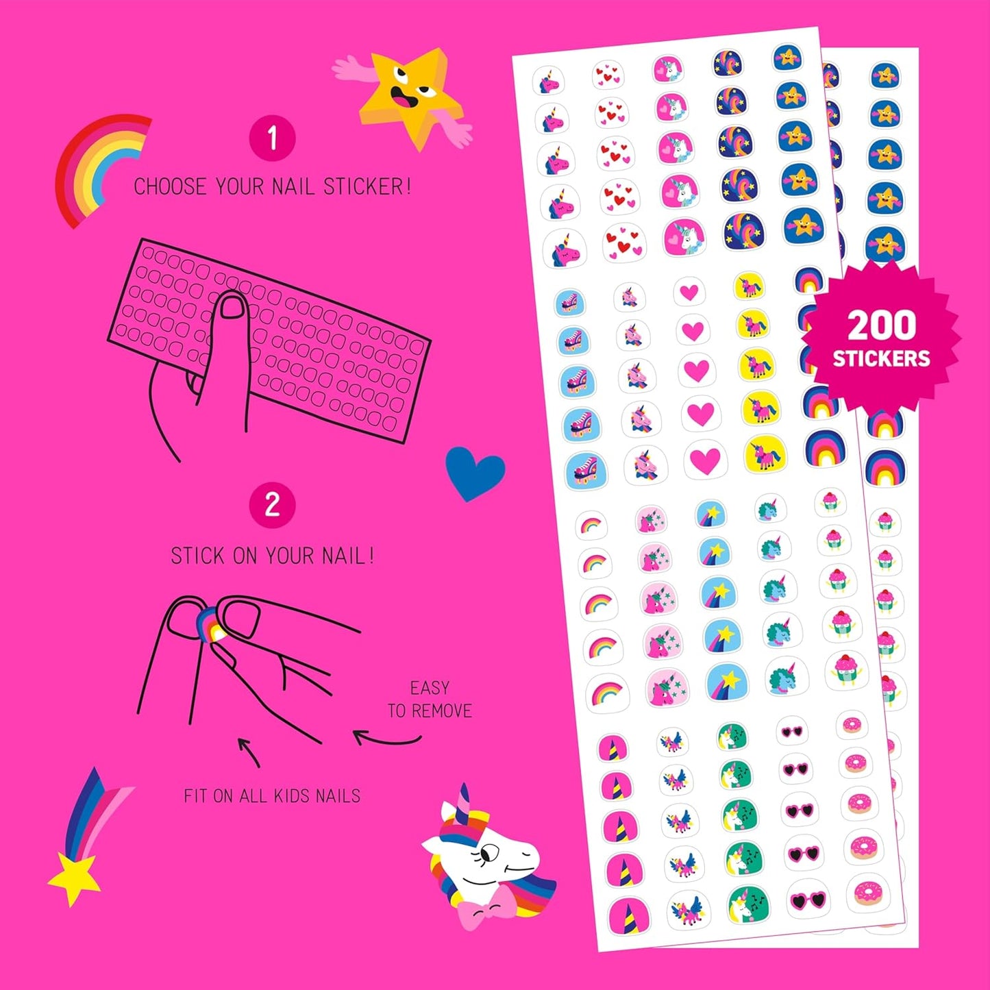 Omy Unicorn Nail Stickers for Kids - 200 Stickers, Waterproof, Durable, Fun, Creative Designs | Strong Enough to Last Through Hand Washing - Easy to Apply, Safe, Non-Toxic | Age 3 and Up