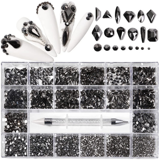 Nail Rhinestones Kit, Nail Art Decorations with Wax Pencil Flat AB Rhinestones Kit DIY Crafts Gemstones for Nail, Shoes, Clothes, Jewels (600 Black Diamonds + 2500 Flat Rhinestones)