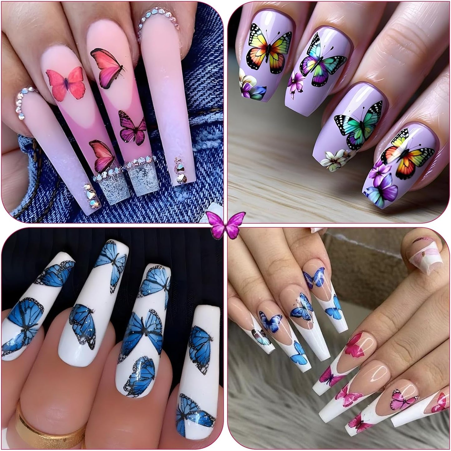 8 Sheets Butterflies Nail Art Stickers - Colorful Butterflies Wing Self-Adhesive Nail Decals for DIY Spring Summer Manicure