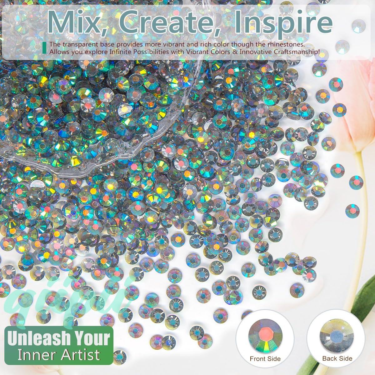 16000PCS Gray Green AB Resin Rhinestones for Crafting 3mm 4mm 5mm Grey Flatback Jelly Stones SS10 SS16 SS20 Diamonds Crystals Gems Charms for Nails Face Eyes Makeup Tumblers Bottles DIY Crafts