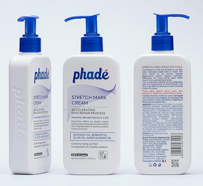 Phade Stretch Mark Cream with CICA - 200ml | Pregnancy, Scars, Uneven Skin Tone, Aging | Dermatologist Tested, Clinically Proven Formula for Stretch Marks, Hydration, and Skin Repair