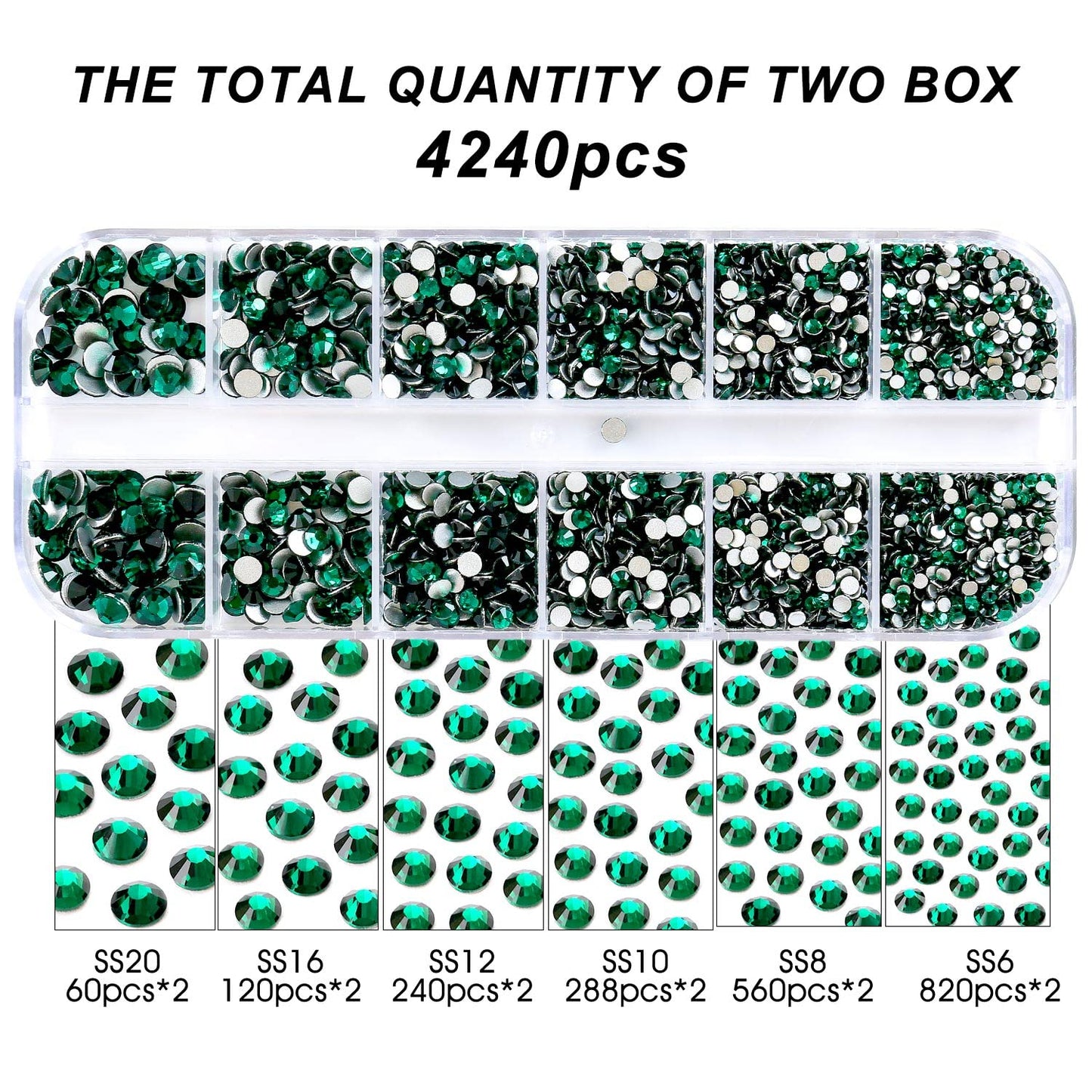 4240Pcs Flatback Green Rhinestones Glass Crystal Diamonds for Nail Art Face Makeup Sparkly Round with Tweezers and Picking Pen (SS6~SS20 Set)
