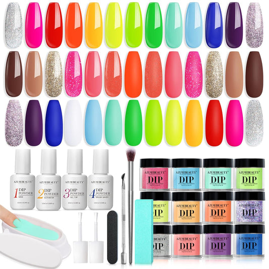 AZUREBEAUTY 31 Pcs Dip Powder Nail Kit Starter, 20 Colors Neon Glitter Purple Blue Yellow Dipping Powder Liquid Set with Top/Base Coat Activator for French Nail Art Manicure DIY Salon Gifts for Women