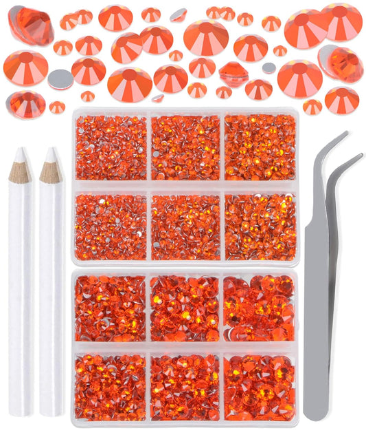 LPBeads 6000 Pieces Orange Non Hotfix Rhinestones 6 Sizes Round Crystal Glass Flat Back Rhinestones with Tweezers and Picking Pen for Nail Art Crafts Clothes Bags DIY