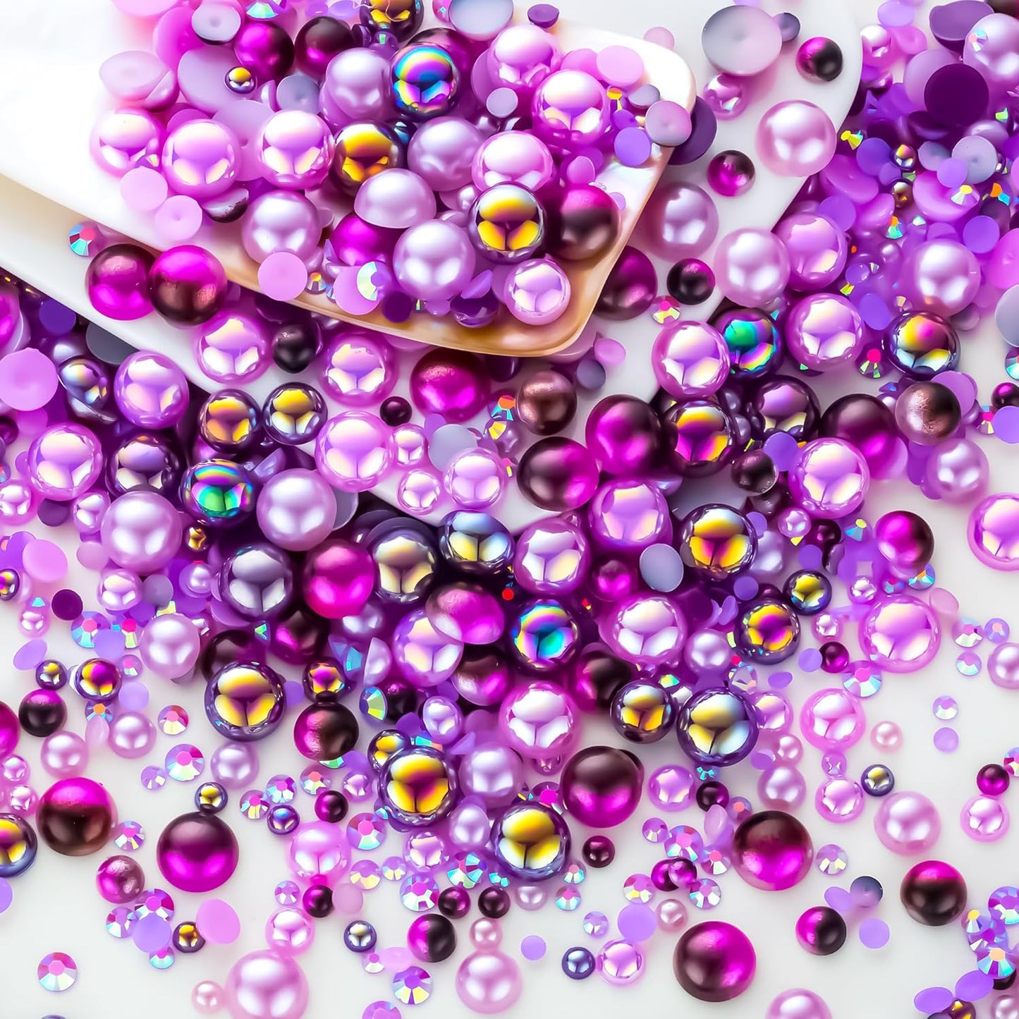 60g Purple Flat Back Pearls Rhinestones for Crafts Mixed Size 3mm-10mm AB Color Round Half Pearls Flatback Pearl Beads and Resin Rhinestones Set for Face Art with Gel