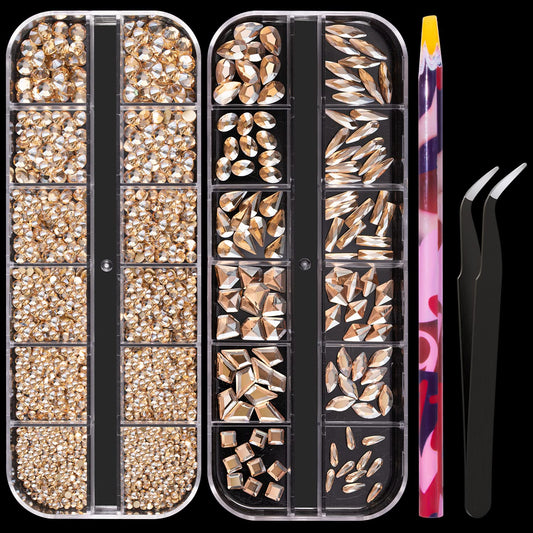 Multi Shapes Champagne 3D Glass Crystal Nail Art Rhinestones Kit with Flatback Round Bead Charm Gem Stone Jewelry Diamond with Pickup Pen + Tweezer for Manicure Makeup DIY Craft Decoration