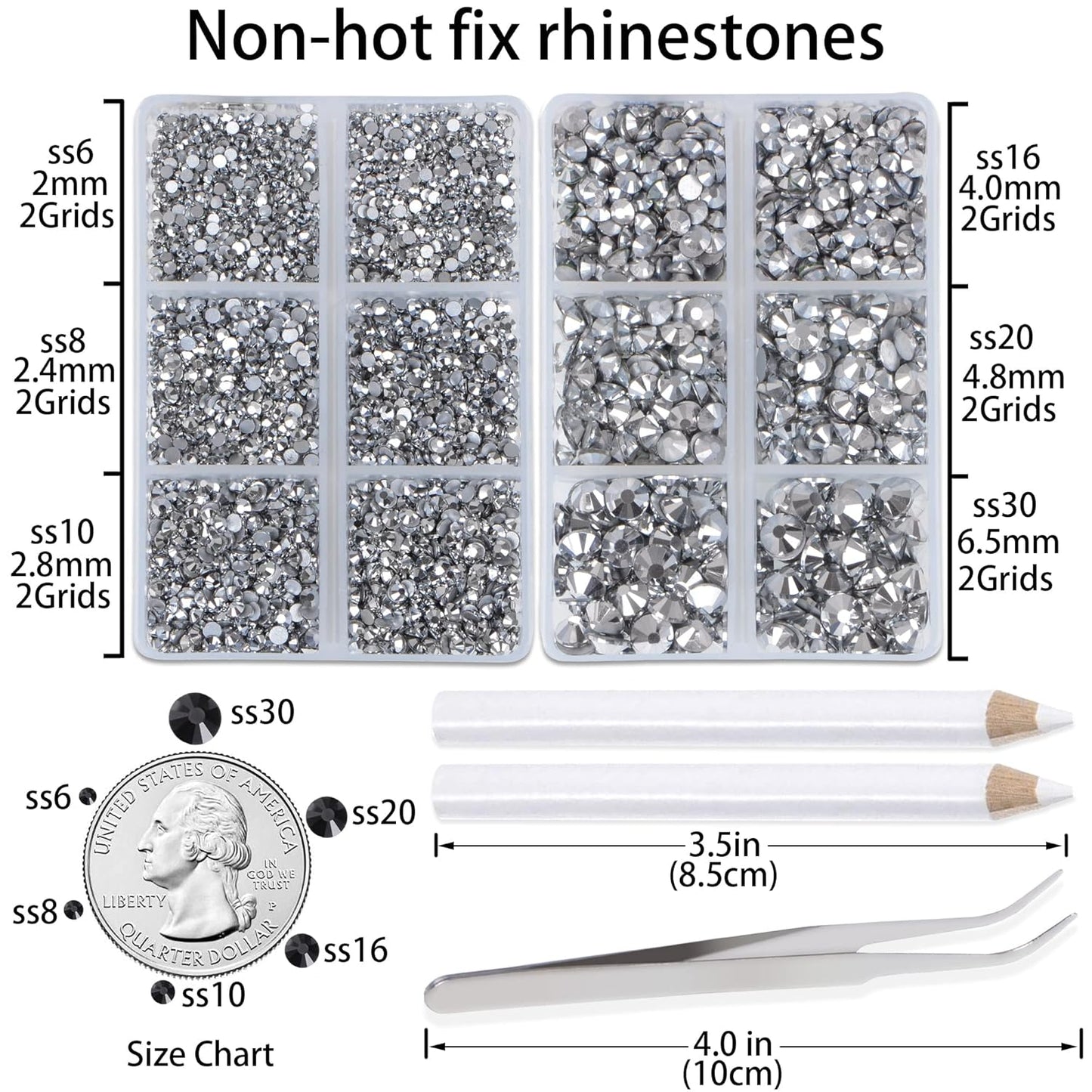 LPBeads 6000 Pieces Metallic Silver Non Hotfix Rhinestones 6 Sizes Round Crystal Glass Flat Back Rhinestones with Tweezers and Picking Pen for Nail Art Crafts Clothes Bags DIY