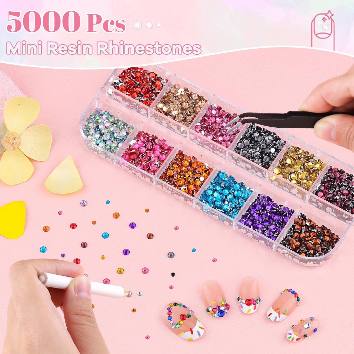5000Pcs Small Resin Rhinestones for Nail Art, Colorful Rhinestone 2/3MM Flatback Bedazzling Gems, Nail Rhinestones and Gems Crystals Charm for Acrylic Tips Manicure Decor
