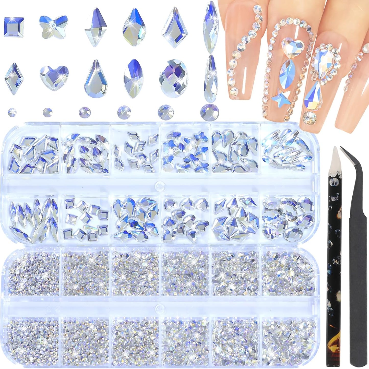 Nail Rhinestones - 3D Multi Shape Size, Flat Back, Manicure Rhinestones Charms, Crystal Moonlight Blue Gems, with Kit, for Nail Art, Bedazzling Acrylic Nails, DIY Decor