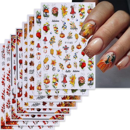 8 Sheets Thanksgiving Nail Art Stickers Decals Fall Maple Leaf Nails Decals Self-Adhesive Autumn Maple Leaves Nails Stickers for Nail Art Pumpkin Decals