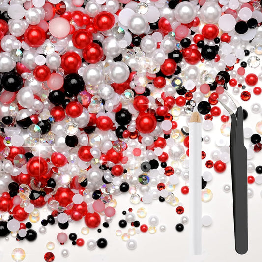 80g Mix Flatback Pearls and Rhinestones for Crafts Red Black and White Mixed Size 2mm-10mm Half Round Pearls Rhinestones for Nail Art Tumblers Shoes DIY Bedazzling with Tweezers Wax Pen