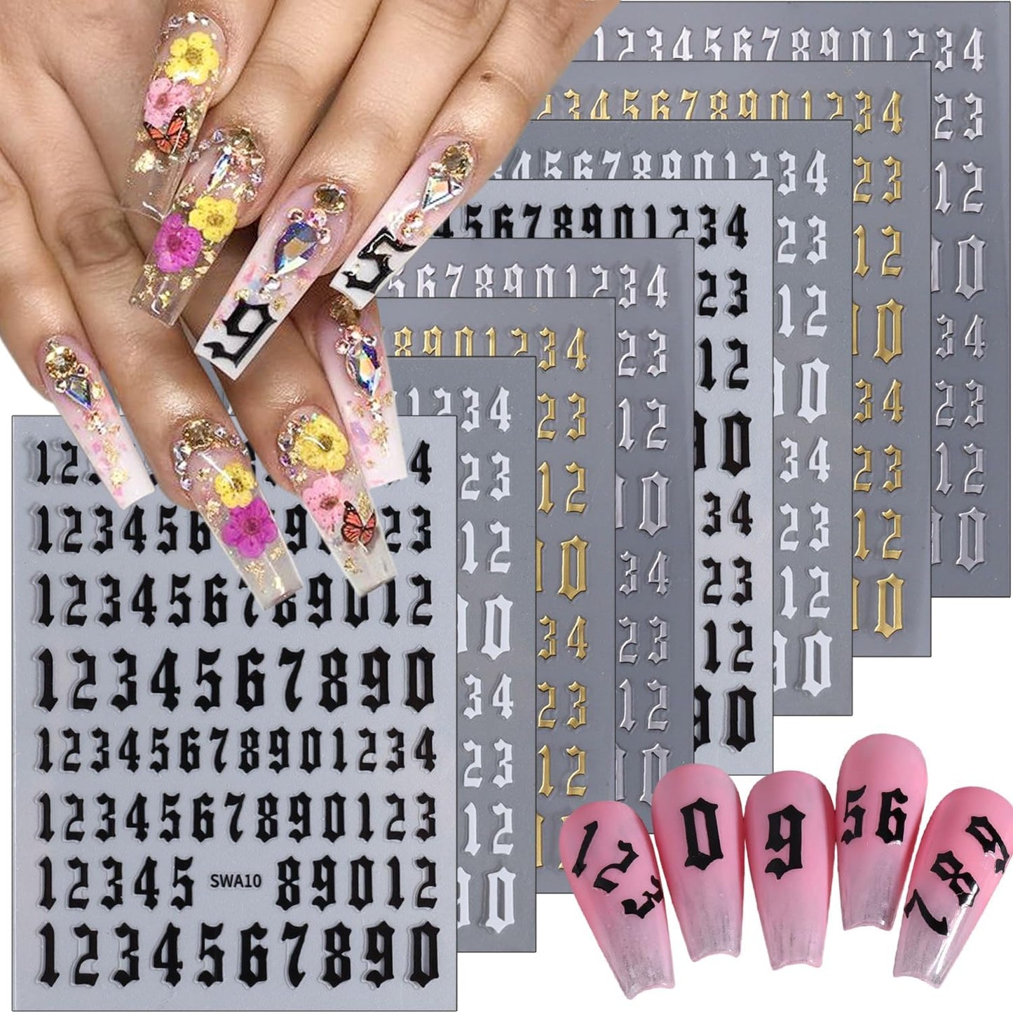 8Pcs Number Nail Stickers 3D Self-Adhesive Laser Arabic Numbers Nail Art Stickers Black White Gold Silver Nail Art Design Supplies 4 Colors Large Small Number Nail Decals for Women DIY Nail Charms Tip