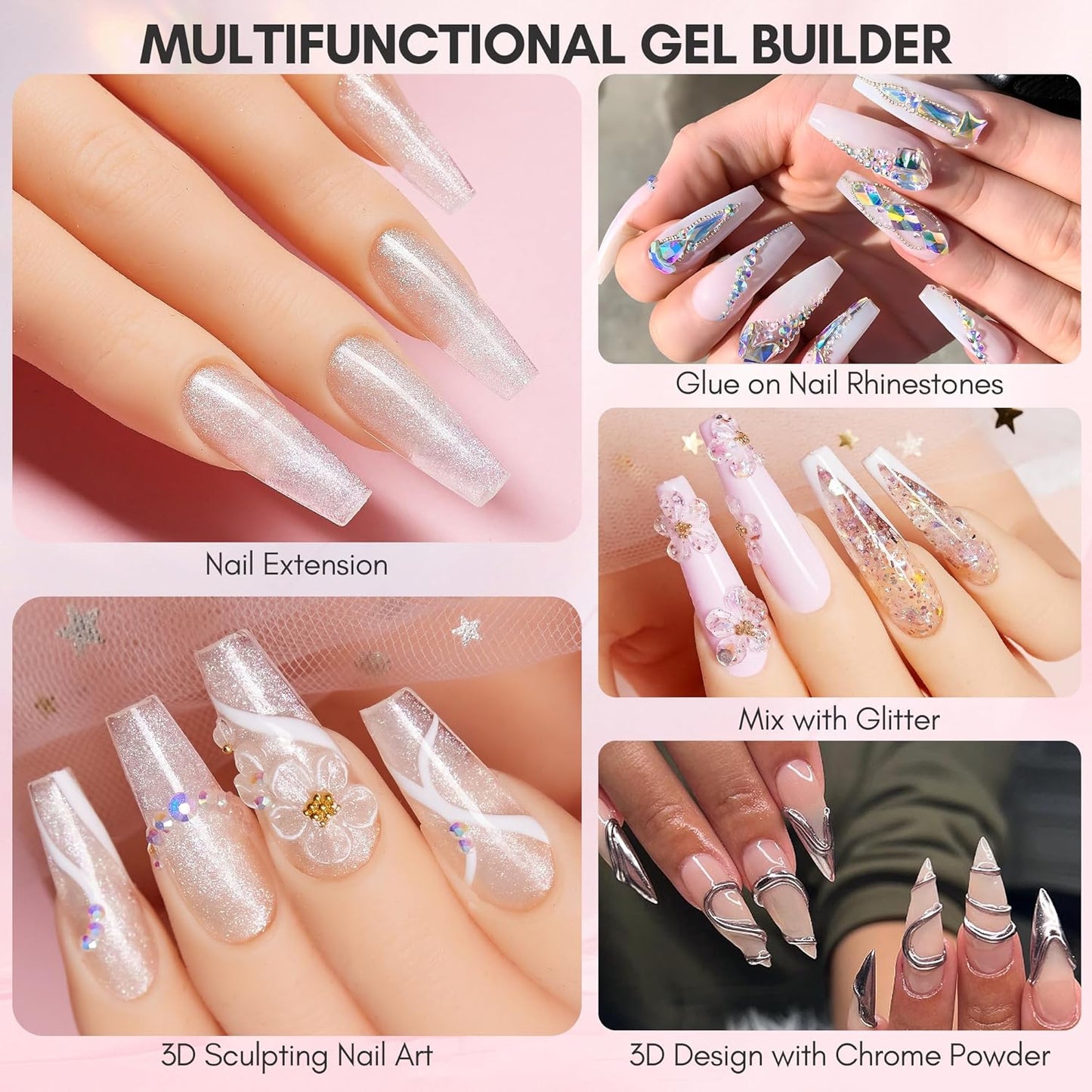 Makartt 3D Nail Gel Art for Nails Starter Kit: 4 Colors 3D Sculpting DIY Manicure Solid Gel Builder Clear and Shimmers for Extension, Molding Hard Gels with Silicone Flower Molds Sculpture Brush