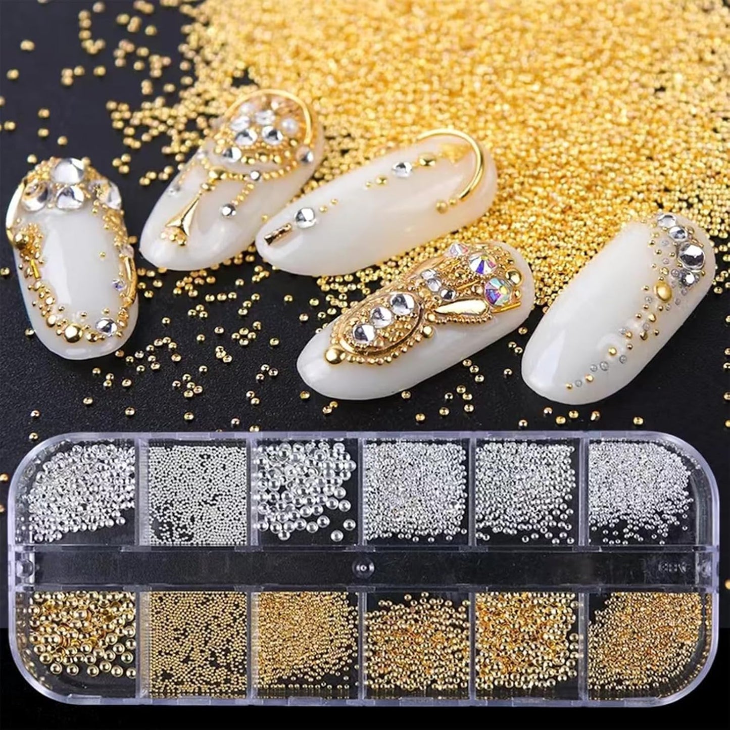 Nail Art Pearls with Rhinestones Glue Gel Flatback Pearls Nail Charms Luxurious Nails Supplies Accessories Gold Silver Gems Jewelry Pearl for Women Nails Design(Black)