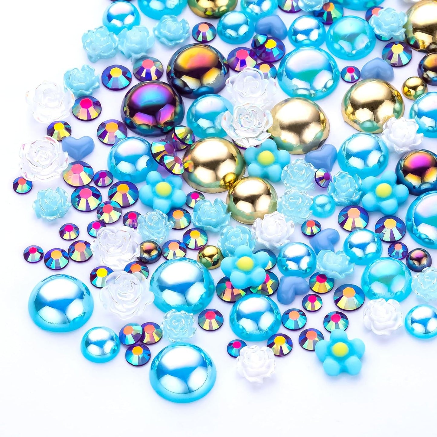 160g Gold Aquamarine Flat Back Pearls Rhinestones with Gel for Crafts Mixed Size 3mm-10mm AB Color Round Half Pearls Flatback Pearl Beads and Resin Rhinestones Set for Face Art