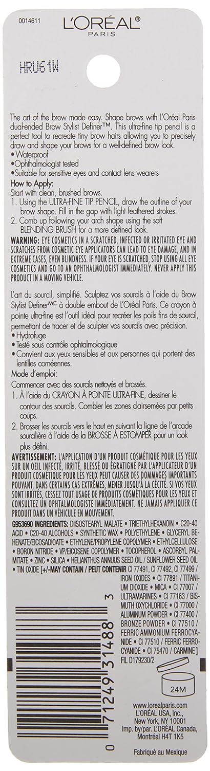 L'Oreal Paris Makeup Brow Stylist Definer Waterproof Eyebrow Pencil, Ultra-Fine Mechanical Pencil, Draws Tiny Brow Hairs and Fills in Sparse Areas and Gaps, Brunette, 0.003 Ounce (1 Count)