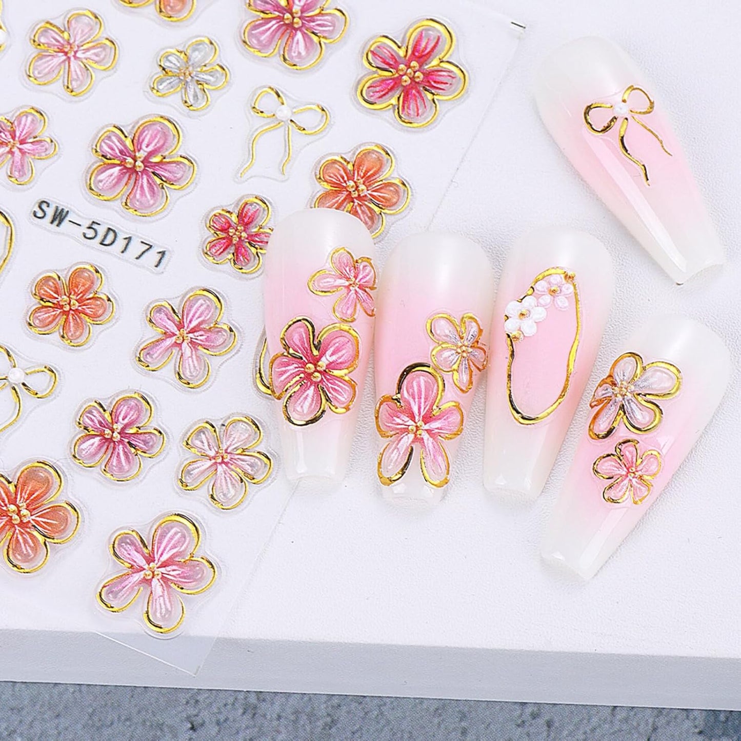 Flower Nail Stickers Decals 5D Embossed Flower Nail Decals Pink Five-Petaled Gold Floral Circle Spring Summer Nail Art Design Bow Tie Flowers Nail Adhesive Decals for DIY Nail Art Decorations 2Pcs