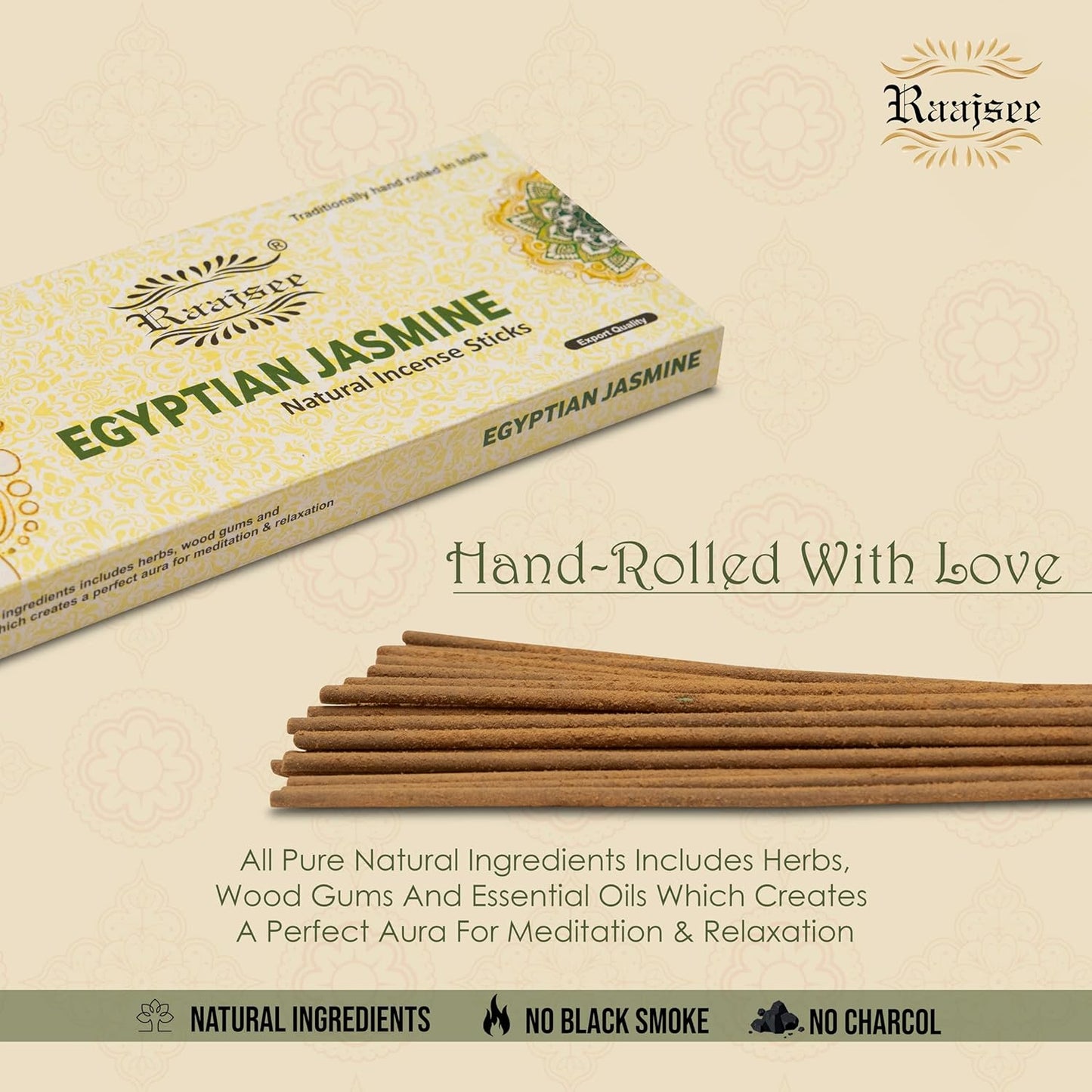 Raajsee Jasmine Flower Natural Incense Sticks 100 Gm Pack-100% Pure Organic Natural Hand Rolled Free from Chemicals-Perfect for Church,Aroma Therapy,Relaxation,Meditation,Positivity,Healing 100gm Pack