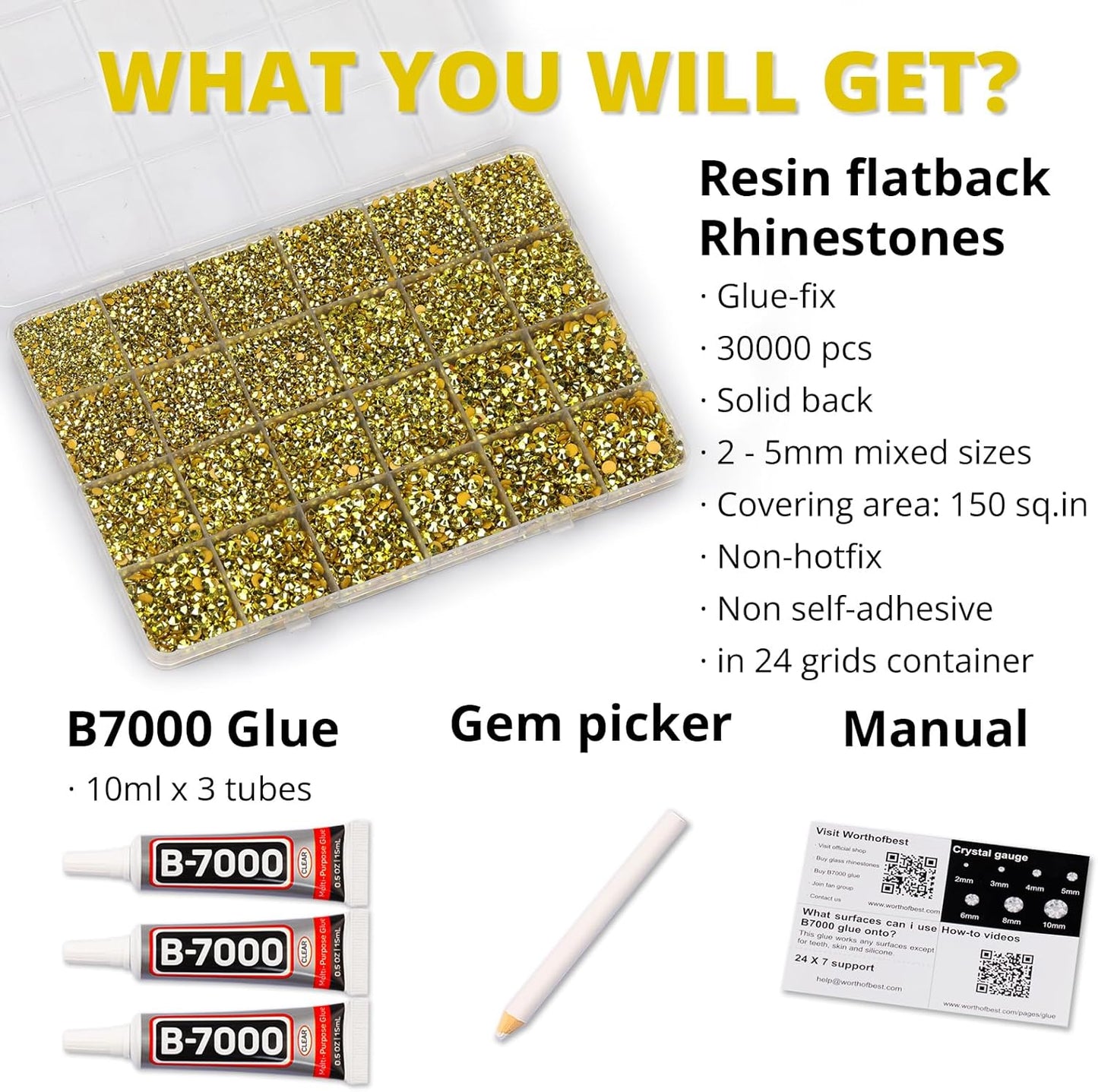 30000Pcs Resin Rhinestones Set for Crafting Bedazzling, Metallic Gold Flatback Gems Jewels for Crafts Clothes Shoes Fabric Outfit Nails Makeup, Flat Back Crystal 2-6mm with b 7000 Glue